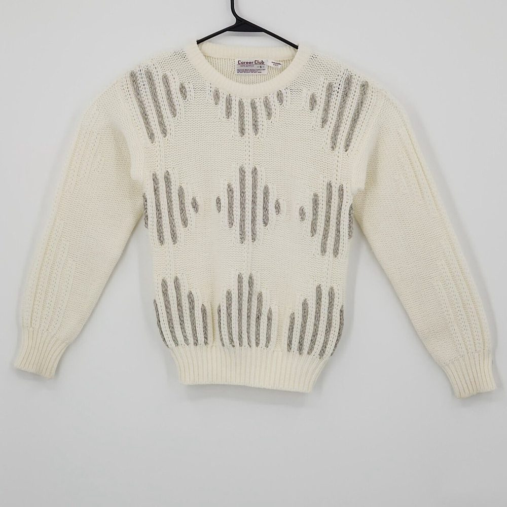 Vtg 80's Mens Career Club Sweater Geometric Pattern Cream Gray Grandpa Small